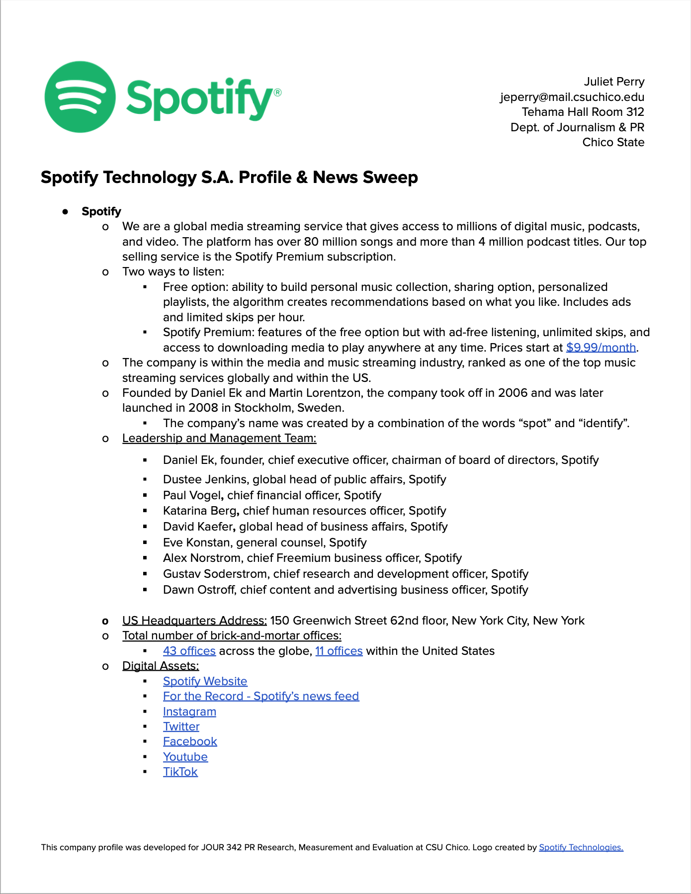Spotify Profile and News Sweep for Journalism 342.